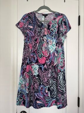 MSK Paisley Ring-Accent Short Sleeve Dress - Pink, Teal & Navy